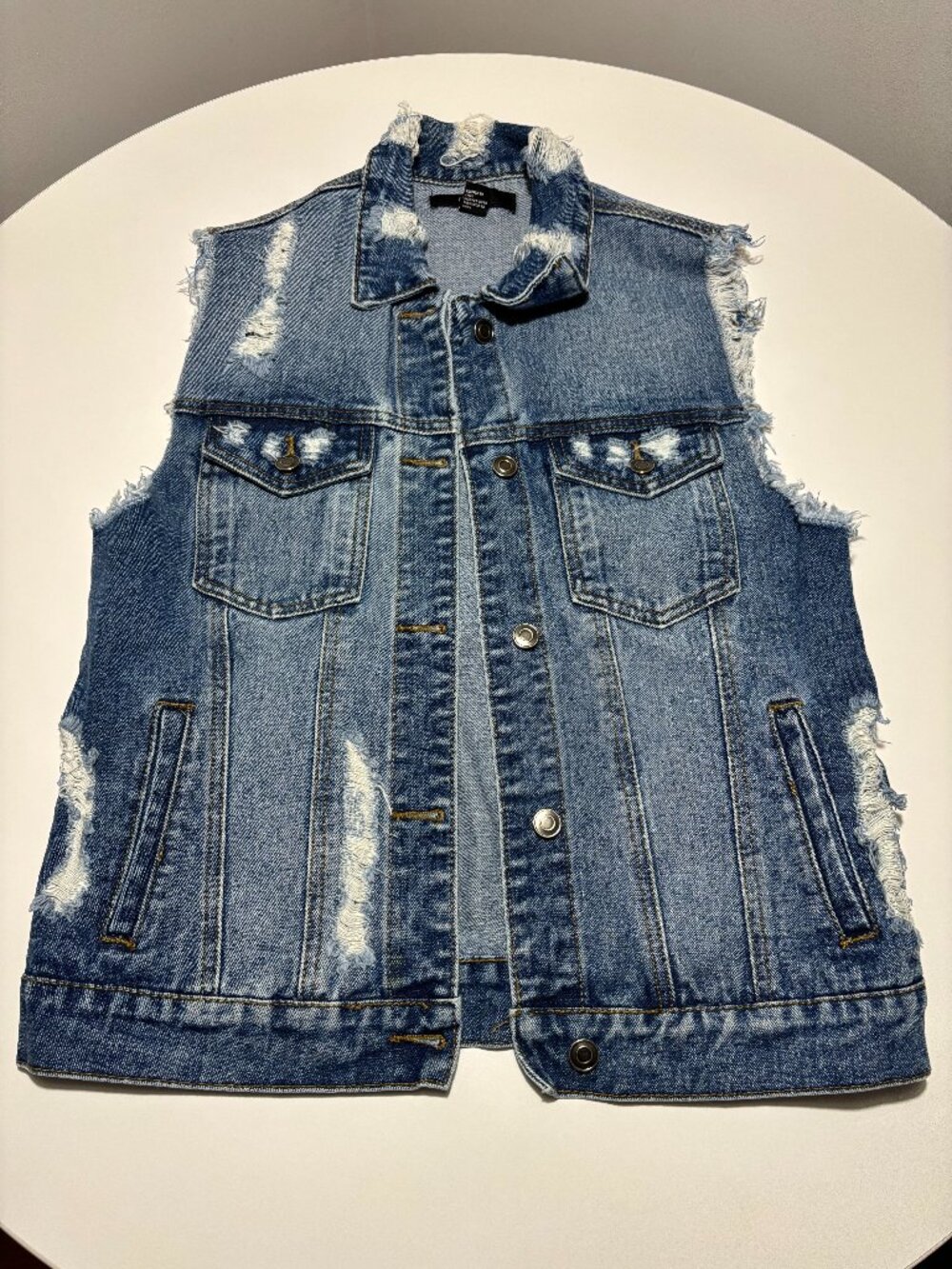 Forever21 Blue & White Distressed Denim Cotton Vest